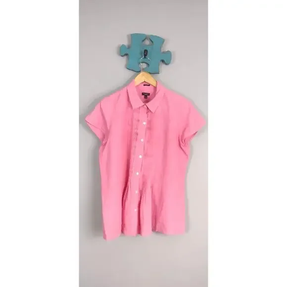 Talbots Pleated Pink Top 100% Linen Short Sleeve Medium - Picture 2 of 9